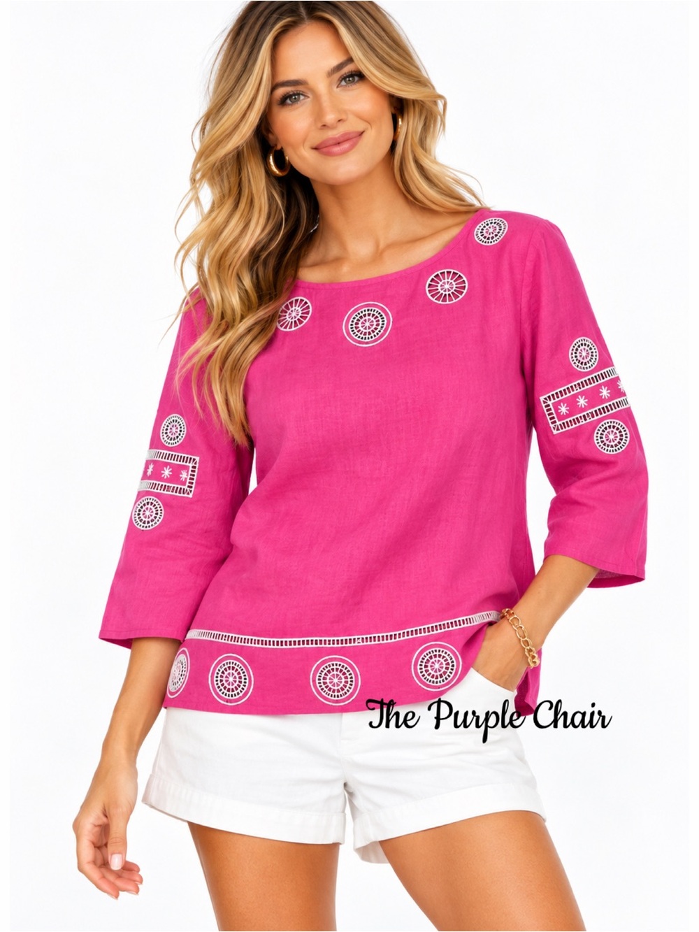 LILLY PULITZER Pink/White Embroidered Linen Blend Tunic 6